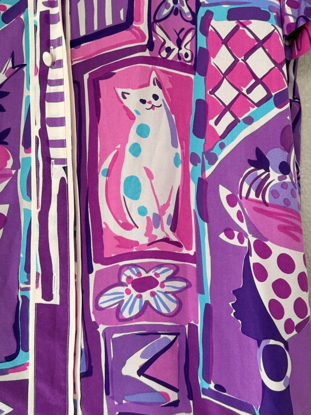 BOB MACKIE S Silk Wearable Pop Art Animal Button Down Shirt Cat Fish Bird Blouse - Picture 5 of 11